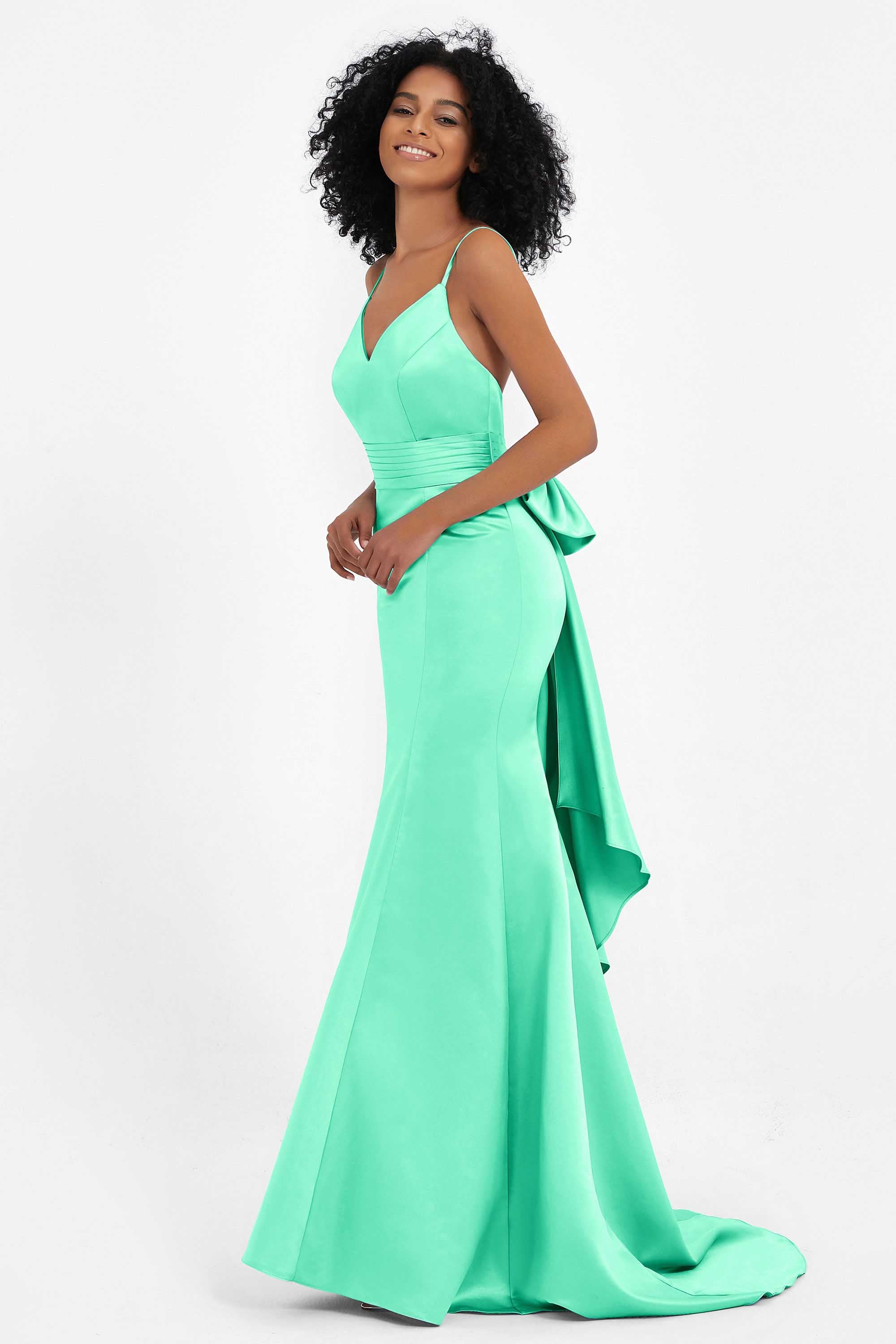 Spaghetti Straps V Neck Satin Formal Evening Dresses Mermaid Prom Party Gowns with Bowknot