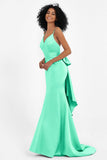 Spaghetti Straps V Neck Satin Formal Evening Dresses Mermaid Prom Party Gowns with Bowknot