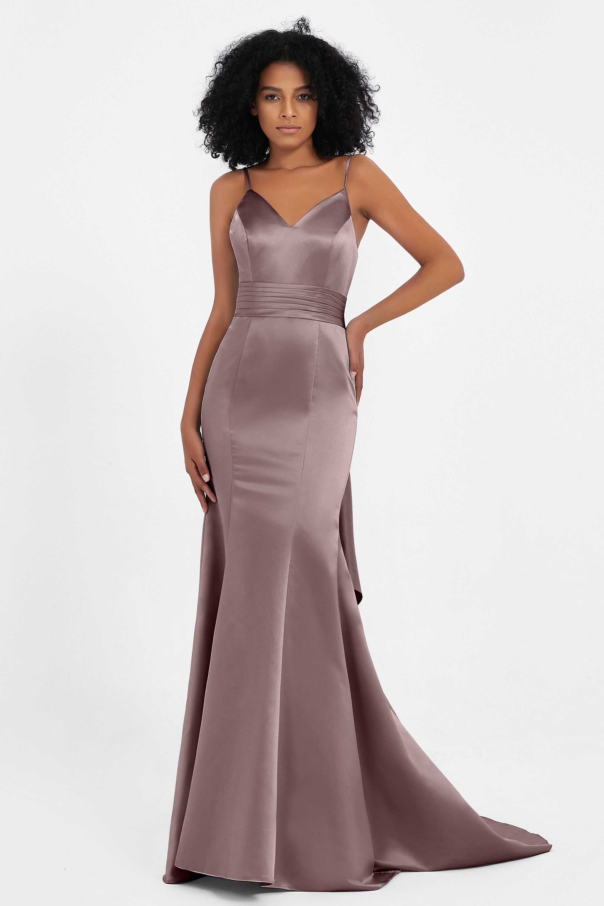 Spaghetti Straps V Neck Satin Formal Evening Dresses Mermaid Prom Party Gowns with Bowknot