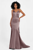 Spaghetti Straps V Neck Satin Formal Evening Dresses Mermaid Prom Party Gowns with Bowknot