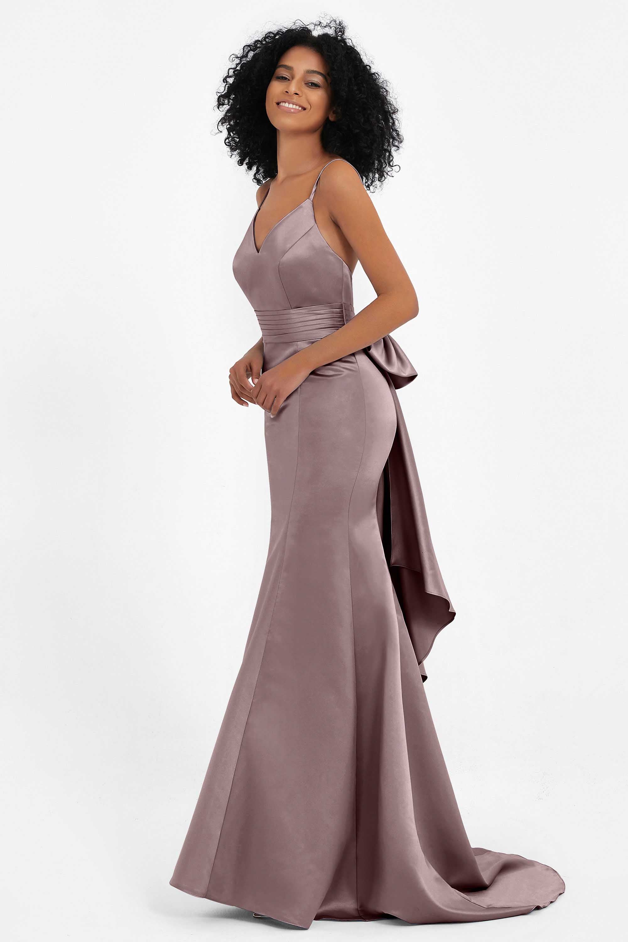 Spaghetti Straps V Neck Satin Formal Evening Dresses Mermaid Prom Party Gowns with Bowknot