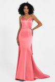Spaghetti Straps V Neck Satin Formal Evening Dresses Mermaid Prom Party Gowns with Bowknot