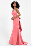 Spaghetti Straps V Neck Satin Formal Evening Dresses Mermaid Prom Party Gowns with Bowknot