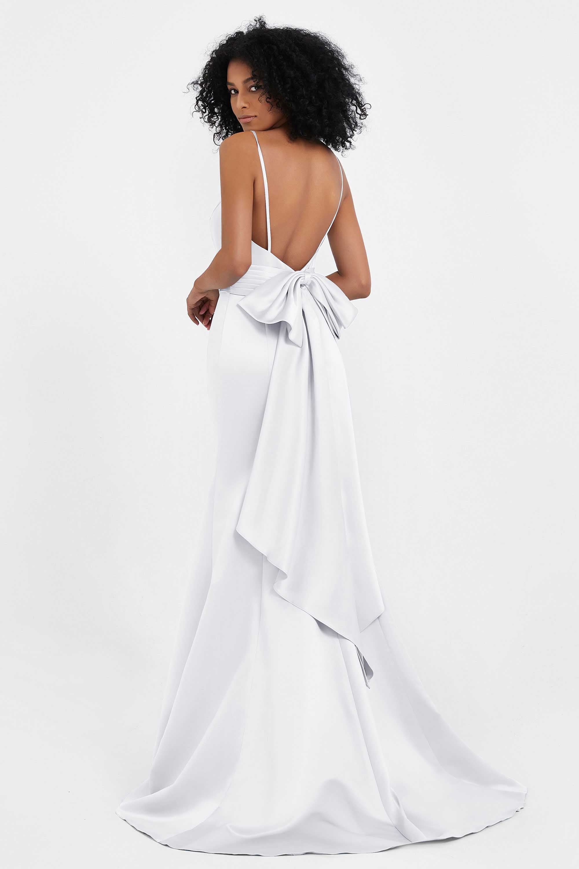 Spaghetti Straps V Neck Satin Formal Evening Dresses Mermaid Prom Party Gowns with Bowknot