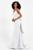 Spaghetti Straps V Neck Satin Formal Evening Dresses Mermaid Prom Party Gowns with Bowknot