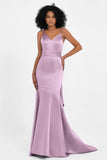 Spaghetti Straps V Neck Satin Formal Evening Dresses Mermaid Prom Party Gowns with Bowknot
