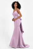 Spaghetti Straps V Neck Satin Formal Evening Dresses Mermaid Prom Party Gowns with Bowknot