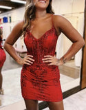 Sheath Dark Green V-neck Spaghetti Straps Bodice Mini Party Dresses