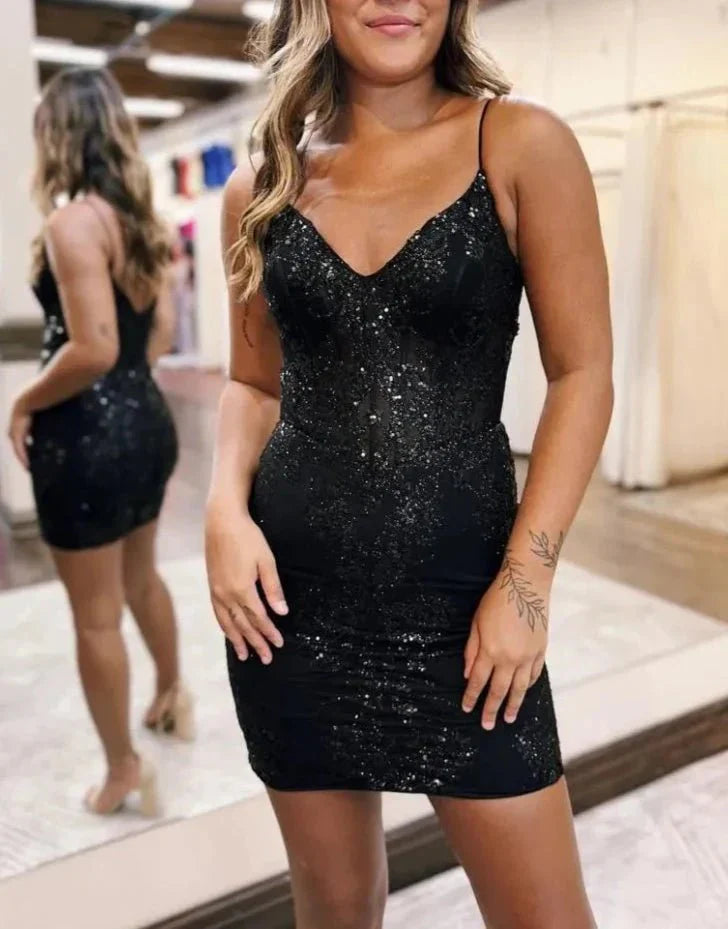 Sheath Dark Green V-neck Spaghetti Straps Bodice Mini Party Dresses