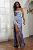 Straight Across Strapless Satin Sheath Formal Evening Dresses with Slit Prom Party Gowns