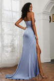 Straight Across Strapless Satin Sheath Formal Evening Dresses with Slit Prom Party Gowns
