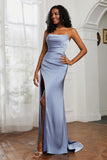 Straight Across Strapless Satin Sheath Formal Evening Dresses with Slit Prom Party Gowns