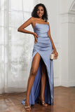 Straight Across Strapless Satin Sheath Formal Evening Dresses with Slit Prom Party Gowns