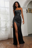 Straight Across Strapless Satin Sheath Formal Evening Dresses with Slit Prom Party Gowns
