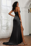 Straight Across Strapless Satin Sheath Formal Evening Dresses with Slit Prom Party Gowns