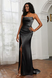 Straight Across Strapless Satin Sheath Formal Evening Dresses with Slit Prom Party Gowns