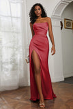 Straight Across Strapless Satin Sheath Formal Evening Dresses with Slit Prom Party Gowns