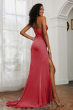 Straight Across Strapless Satin Sheath Formal Evening Dresses with Slit Prom Party Gowns