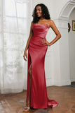 Straight Across Strapless Satin Sheath Formal Evening Dresses with Slit Prom Party Gowns