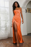 Straight Across Strapless Satin Sheath Formal Evening Dresses with Slit Prom Party Gowns