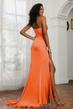 Straight Across Strapless Satin Sheath Formal Evening Dresses with Slit Prom Party Gowns