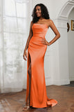 Straight Across Strapless Satin Sheath Formal Evening Dresses with Slit Prom Party Gowns