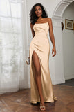 Straight Across Strapless Satin Sheath Formal Evening Dresses with Slit Prom Party Gowns