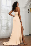 Straight Across Strapless Satin Sheath Formal Evening Dresses with Slit Prom Party Gowns