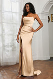 Straight Across Strapless Satin Sheath Formal Evening Dresses with Slit Prom Party Gowns