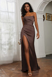 Straight Across Strapless Satin Sheath Formal Evening Dresses with Slit Prom Party Gowns
