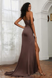 Straight Across Strapless Satin Sheath Formal Evening Dresses with Slit Prom Party Gowns