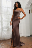 Straight Across Strapless Satin Sheath Formal Evening Dresses with Slit Prom Party Gowns