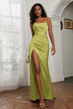 Straight Across Strapless Satin Sheath Formal Evening Dresses with Slit Prom Party Gowns