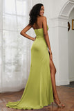 Straight Across Strapless Satin Sheath Formal Evening Dresses with Slit Prom Party Gowns