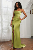 Straight Across Strapless Satin Sheath Formal Evening Dresses with Slit Prom Party Gowns
