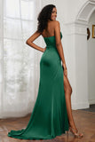 Straight Across Strapless Satin Sheath Formal Evening Dresses with Slit Prom Party Gowns
