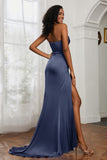 Straight Across Strapless Satin Sheath Formal Evening Dresses with Slit Prom Party Gowns