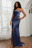 Straight Across Strapless Satin Sheath Formal Evening Dresses with Slit Prom Party Gowns