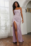 Straight Across Strapless Satin Sheath Formal Evening Dresses with Slit Prom Party Gowns