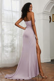 Straight Across Strapless Satin Sheath Formal Evening Dresses with Slit Prom Party Gowns