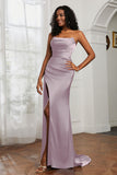 Straight Across Strapless Satin Sheath Formal Evening Dresses with Slit Prom Party Gowns