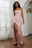 Straight Across Strapless Satin Sheath Formal Evening Dresses with Slit Prom Party Gowns