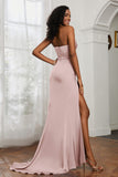 Straight Across Strapless Satin Sheath Formal Evening Dresses with Slit Prom Party Gowns