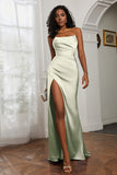 Straight Across Strapless Satin Sheath Formal Evening Dresses with Slit Prom Party Gowns