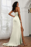 Straight Across Strapless Satin Sheath Formal Evening Dresses with Slit Prom Party Gowns