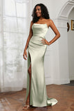 Straight Across Strapless Satin Sheath Formal Evening Dresses with Slit Prom Party Gowns