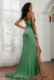 Straight Across Strapless Satin Sheath Formal Evening Dresses with Slit Prom Party Gowns