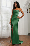 Straight Across Strapless Satin Sheath Formal Evening Dresses with Slit Prom Party Gowns