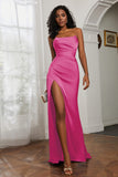 Straight Across Strapless Satin Sheath Formal Evening Dresses with Slit Prom Party Gowns