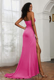 Straight Across Strapless Satin Sheath Formal Evening Dresses with Slit Prom Party Gowns